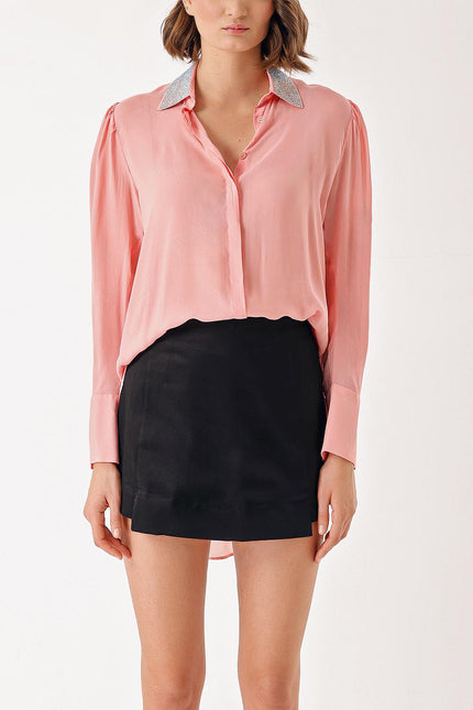 Pink Loose-cut collared shirt with crystal stone detail 10838