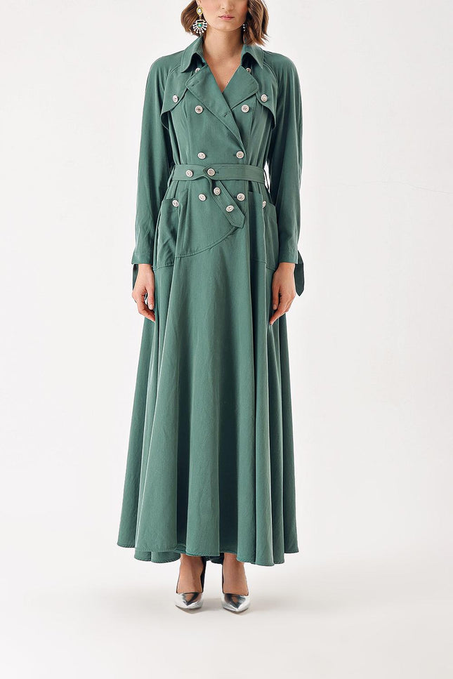 Green Long trench dress with crystal button detail 94400