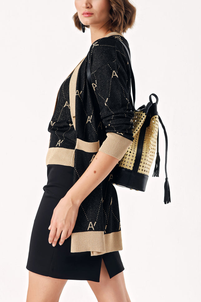 Black Straw bag with accessory detail 23015