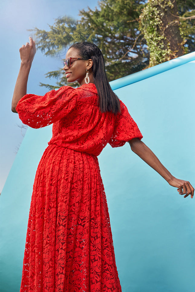 Red Laced ruffled maxi lace dress 93513