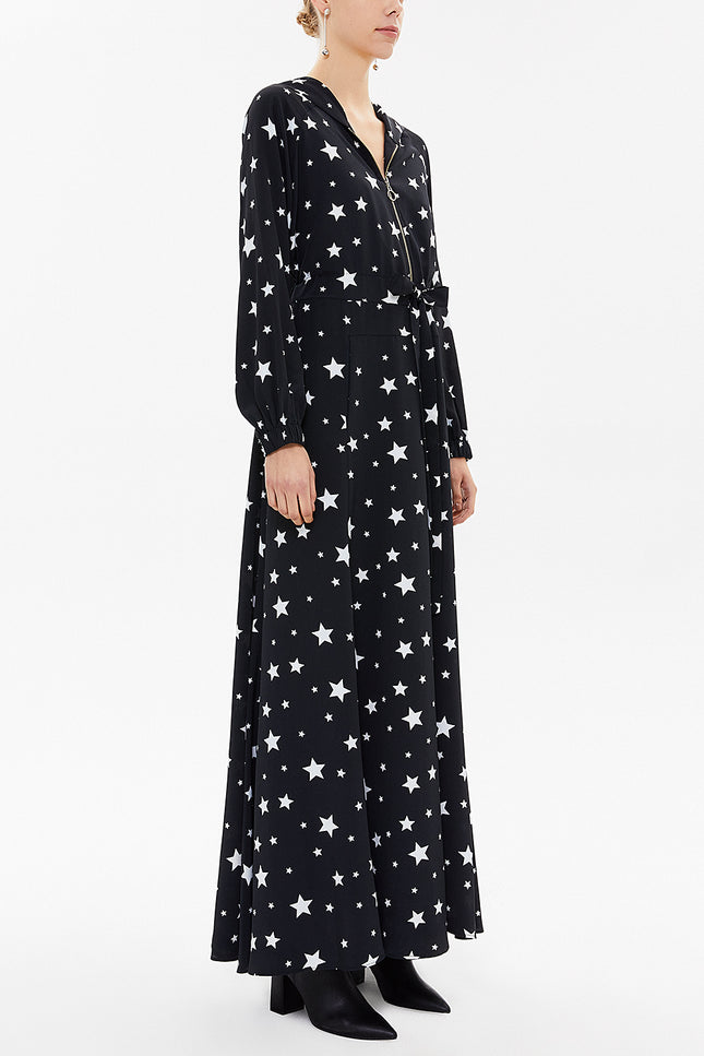 Kadın Siyah Yıldız Desen Kapüşonlu Elbise 93209