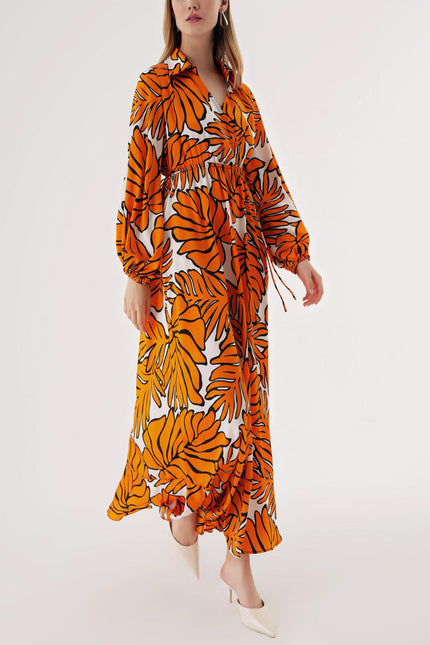 Orange Wrap closure shirt collar long dress 94485