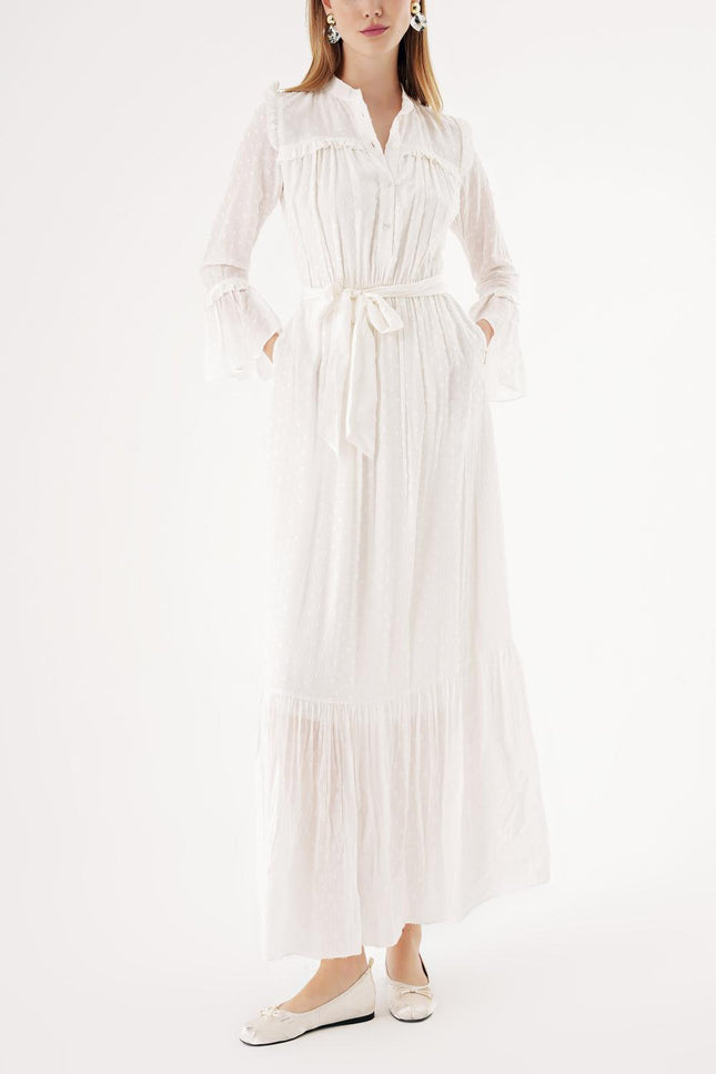 White Long dress with elasticated gathers at the waist 94541