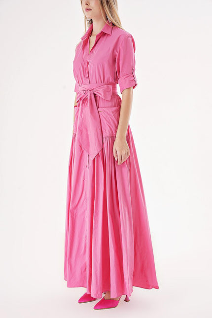 Pink Pleated maxi taffeta shirt dress 94198