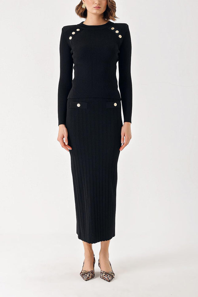 Black Button detailed sweater and skirt suit 28852