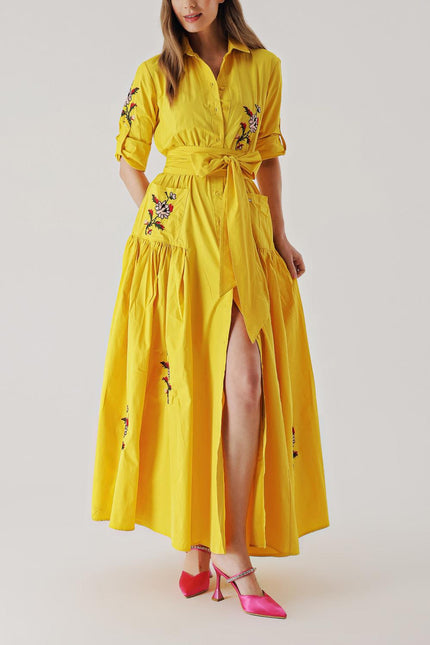 Yellow Embroidered maxi taffeta dress 94019