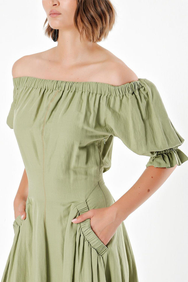 Green Off shoulder  elastic  linen dress  93569