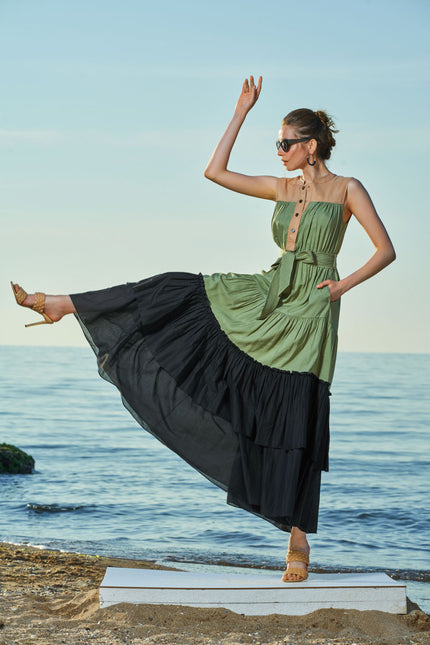 Green Sleeveless Ruffled linen dress 93541