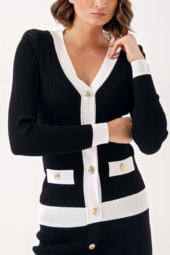 Black White Button detailed cardigan and skirt suit 28850