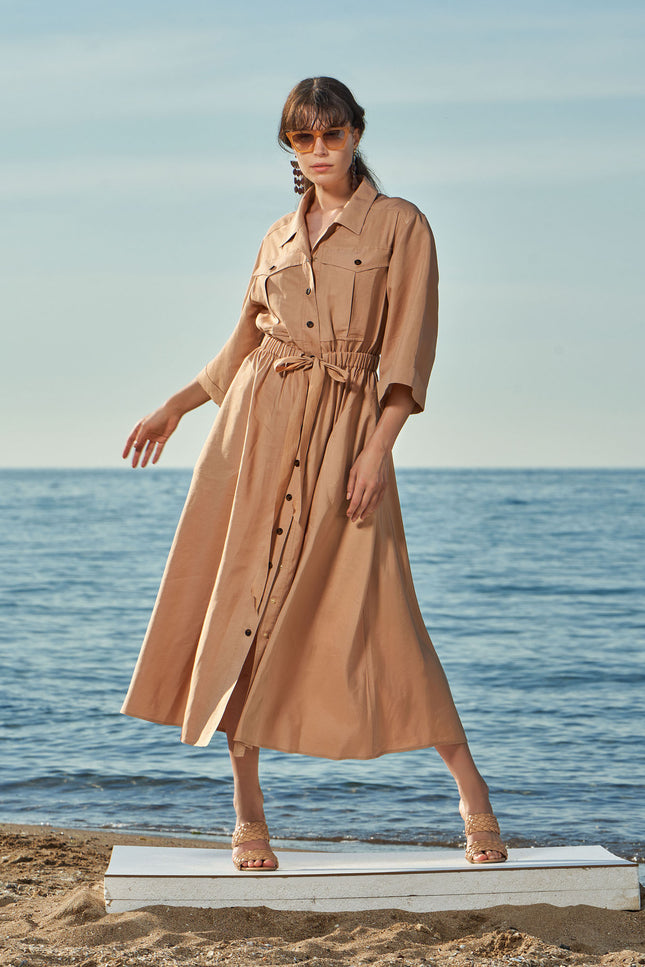 Beige Wide cut linen shirt dress 93564