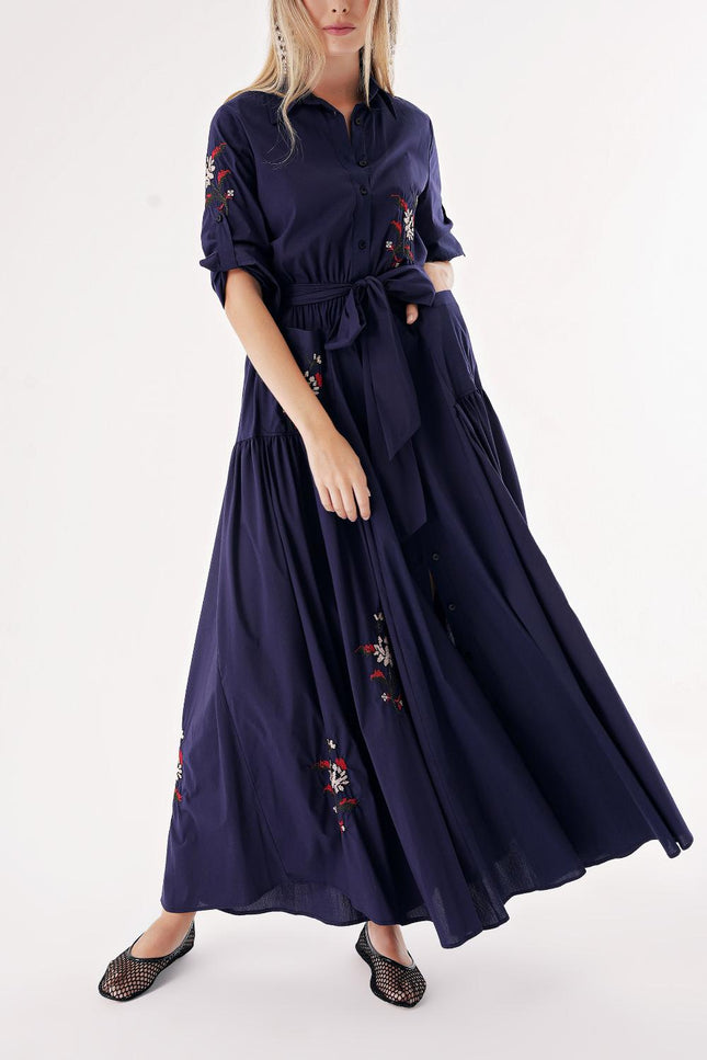 Navy Blue Taffeta embroidered maxi shirt dress 94497