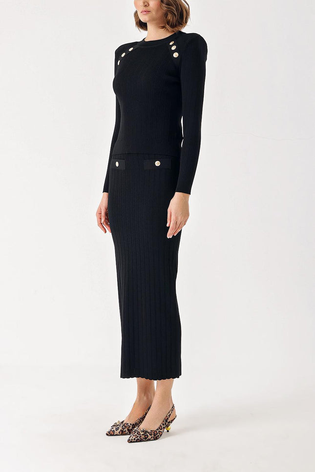 Black Button detailed sweater and skirt suit 28852