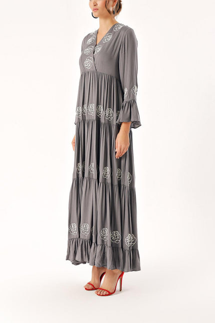 Gray Embroidered long shirred dress 94330