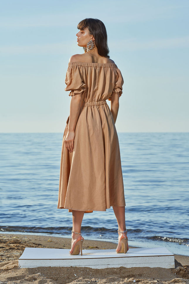 Camel Hair Off shoulder  elastic  linen dress  93569