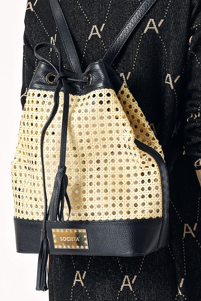 Black Straw bag with accessory detail 23015