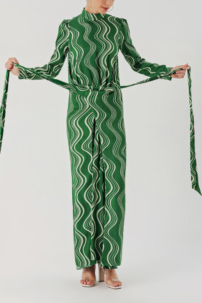 Patterned Long dress with a tied waist 94204