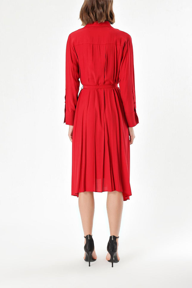 Red Wide cut pleat detail shirt dress 93828