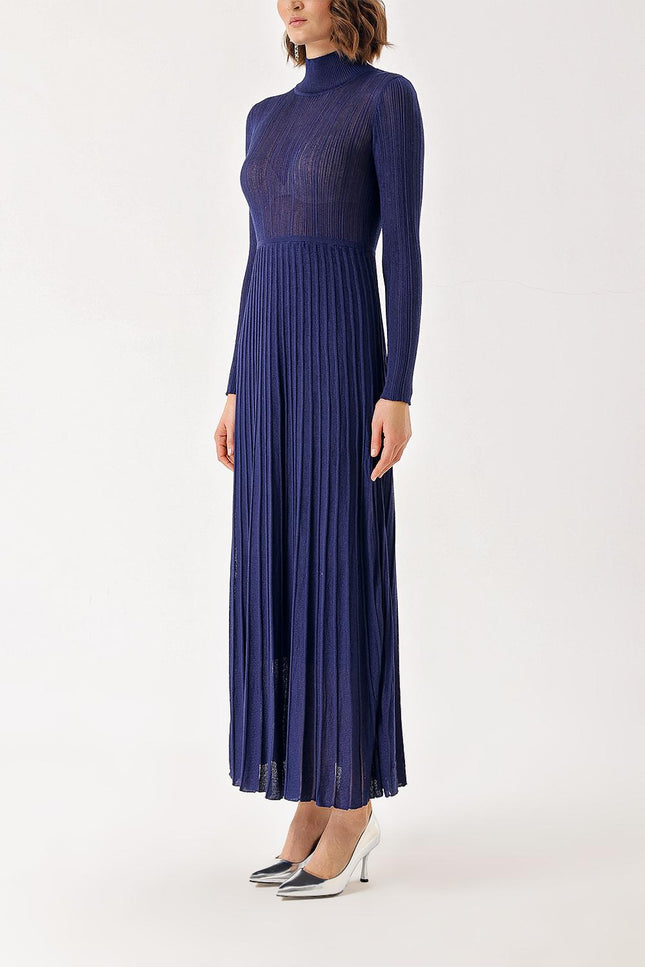 Navy Blue High collar pleated skirt long knitwear dress 28848