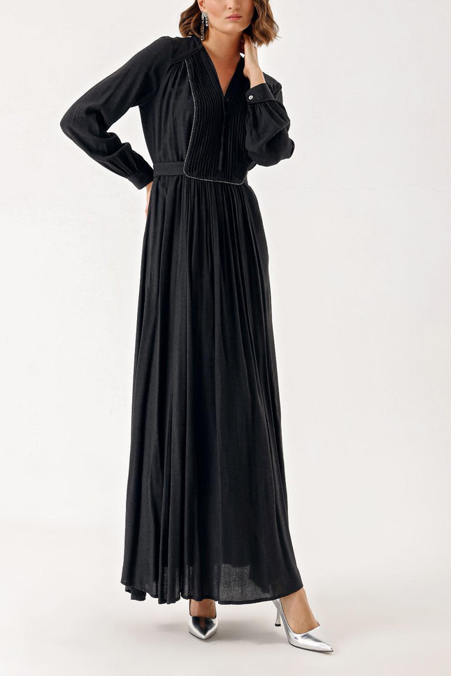 Anthracite Long chiffon dress with pleat detail 94303