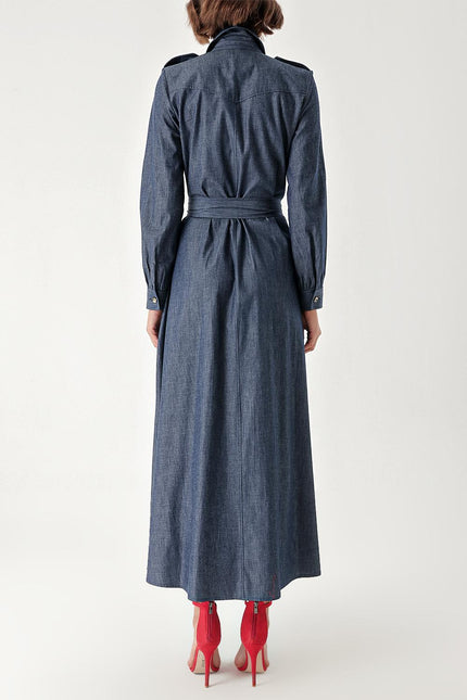 Navy Blue Long denim dress with snap detail 94372