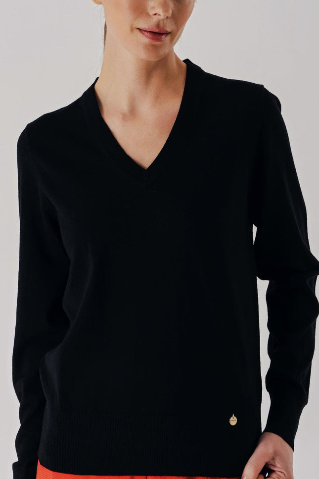 Black V-neck wool knit sweater 28868