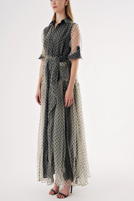 Spotted Gathered long shirt dress with elastic waist 94573