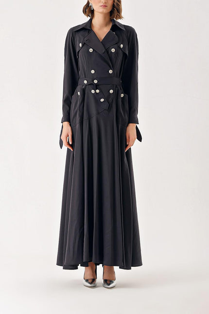 Black Long trench dress with crystal button detail 94400