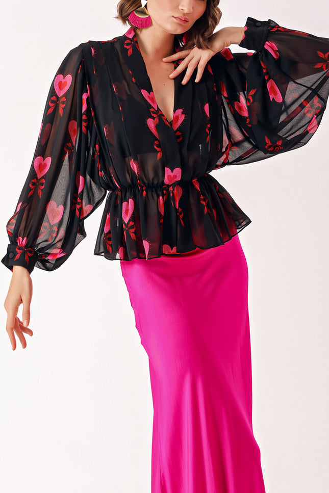 Patterned Double-breasted, draped loose chiffon shirt 10829