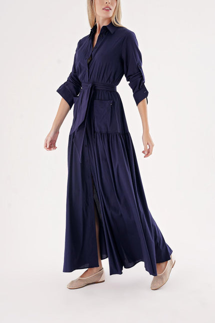 Navy Blue Taffeta maxi shirt dress 94498