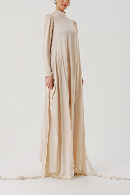 Beige Long dress with a tied waist 94204