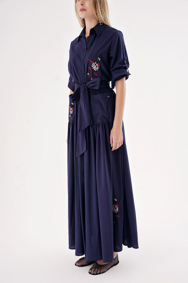 Navy Blue Taffeta embroidered maxi shirt dress 94497