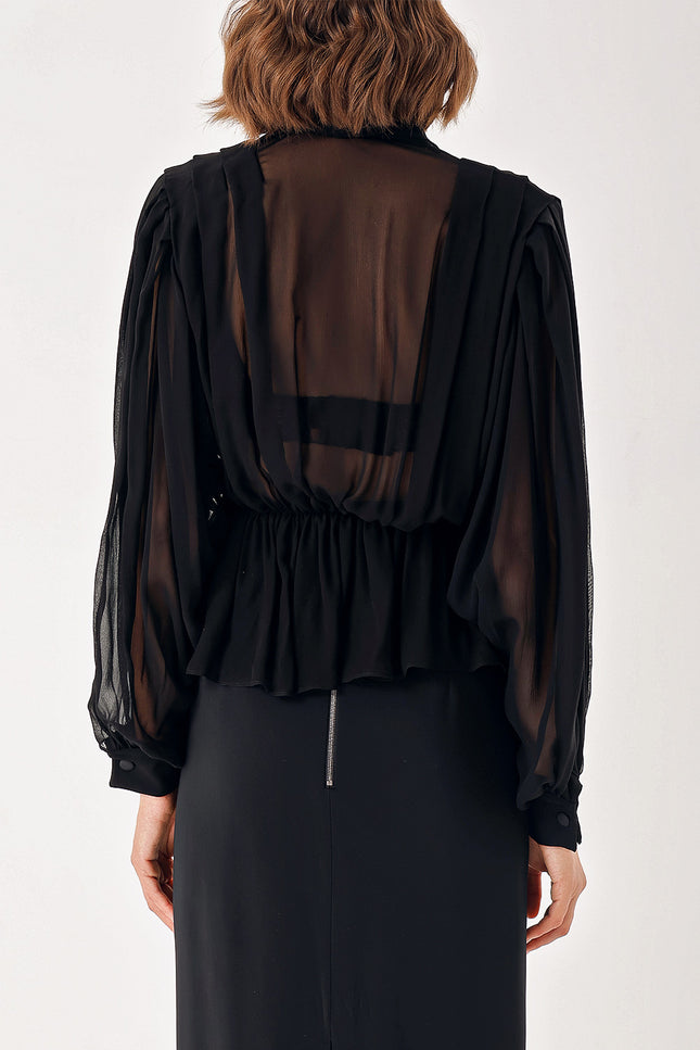 Black Double-breasted, draped loose chiffon shirt 10829