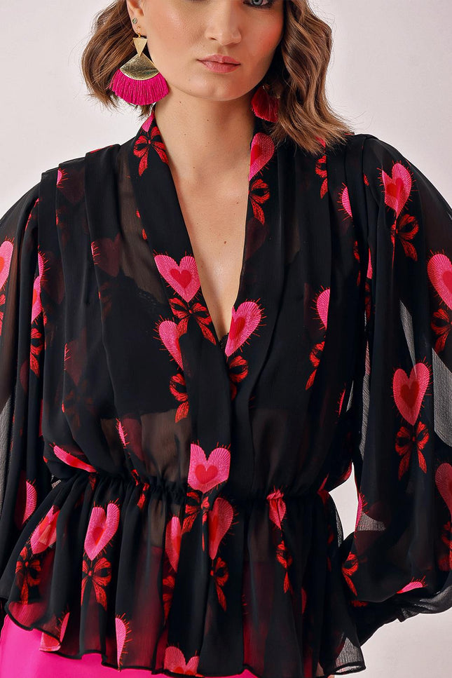 Patterned Double-breasted, draped loose chiffon shirt 10829