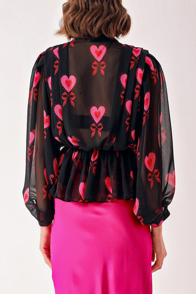 Patterned Double-breasted, draped loose chiffon shirt 10829