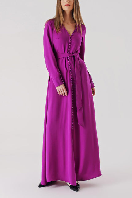 Purple Long belted dress with button detail 94407