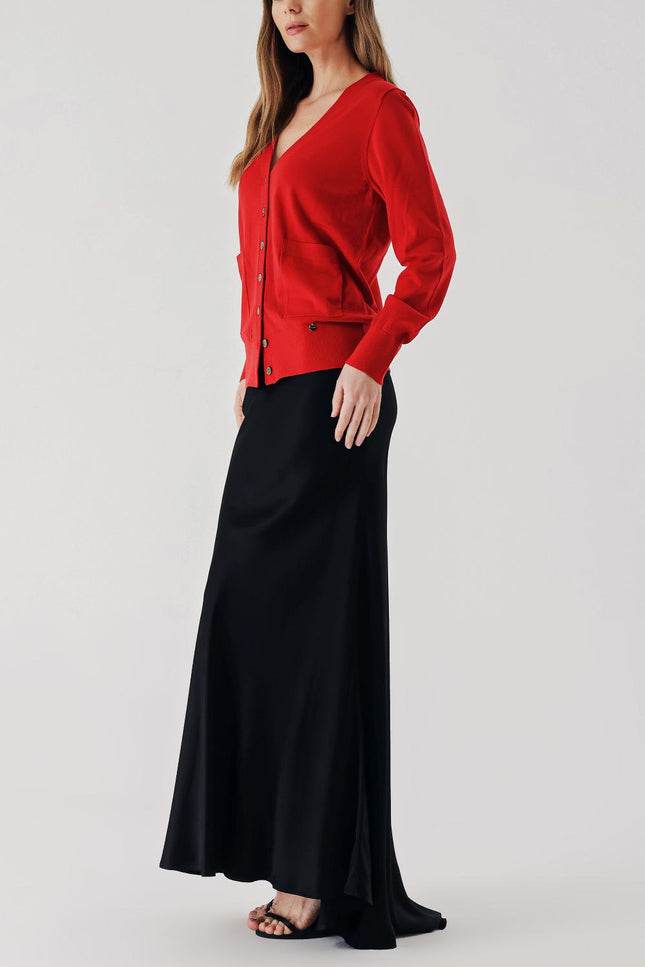 Red V-neck woolen long knit cardigan 28867