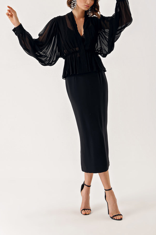 Black Double-breasted, draped loose chiffon shirt 10829