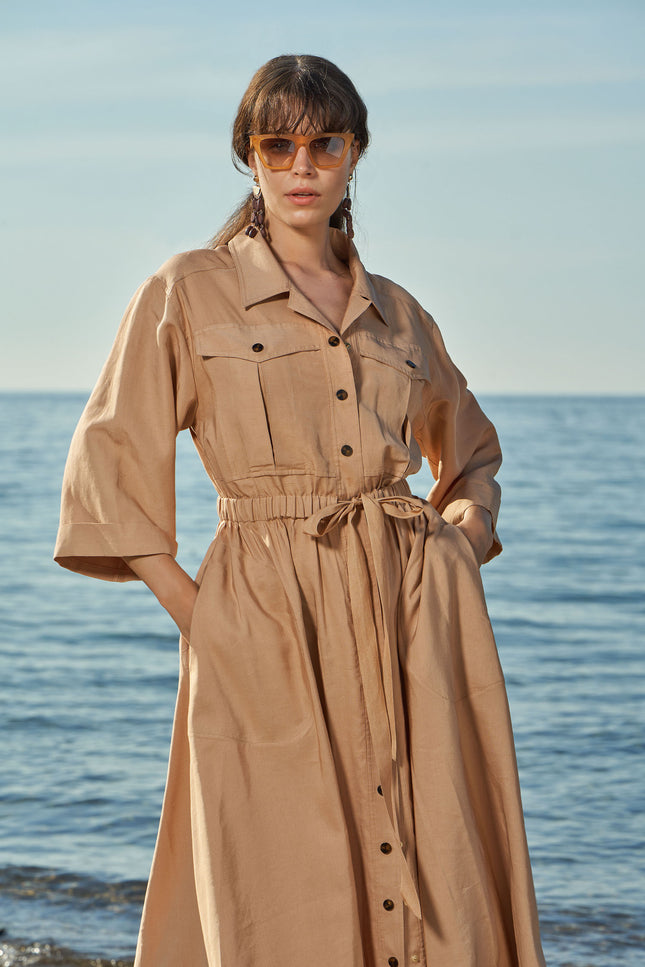 Beige Wide cut linen shirt dress 93564