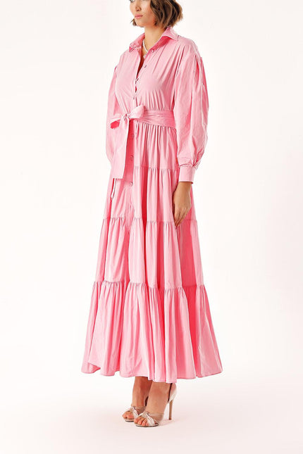 Pink Long pleated dress with belt 94332