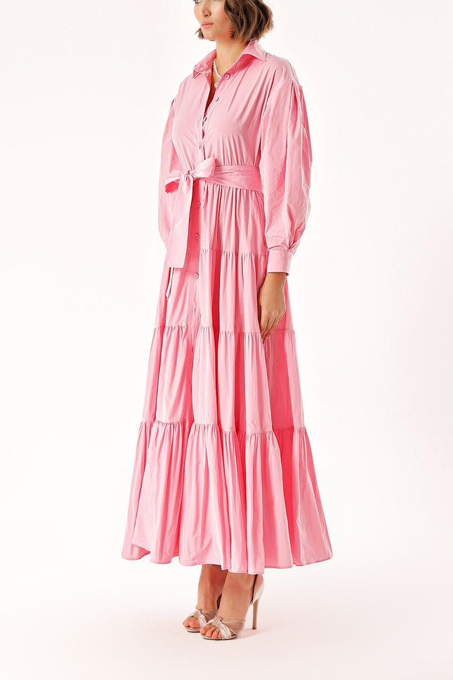 Pink Long pleated dress with belt 94332