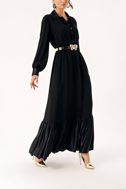 Black Long dress with elasticated gathers at the waist 94289