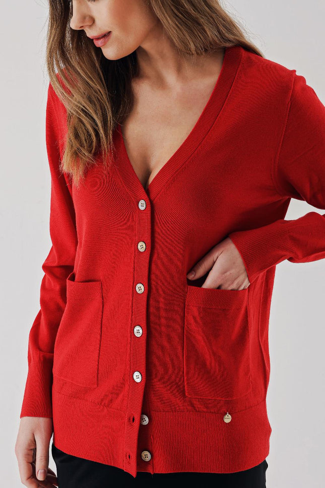 Red V-neck woolen long knit cardigan 28867