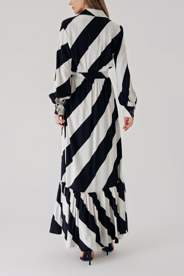 Black White Long dress with elasticated gathers at the waist 94289