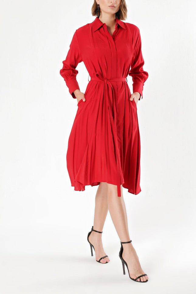 Red Wide cut pleat detail shirt dress 93828