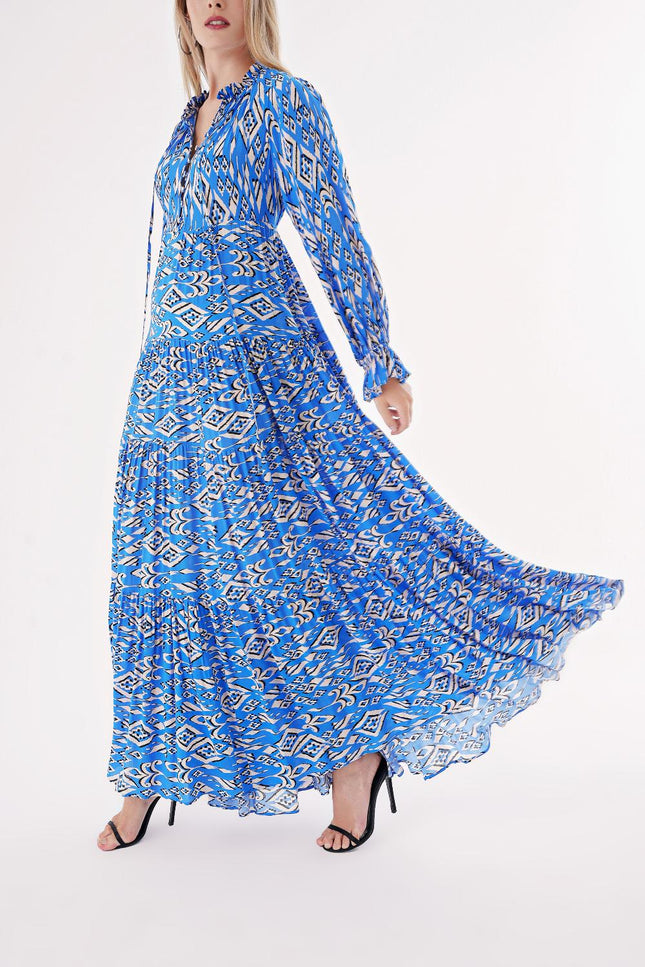 Blue Pleated and belted long dress 94531