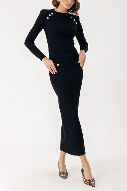 Black Button detailed sweater and skirt suit 28852