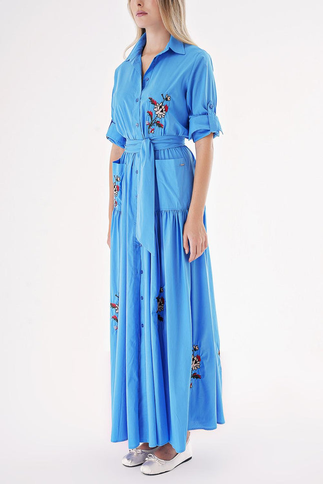 Blue Taffeta embroidered maxi shirt dress 94497