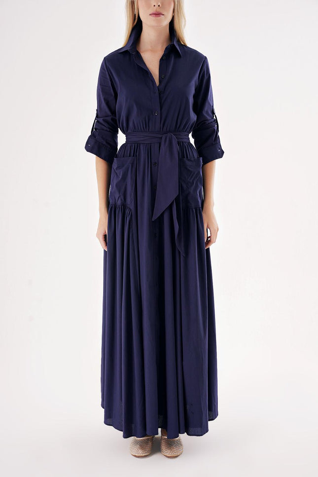 Navy Blue Taffeta maxi shirt dress 94498