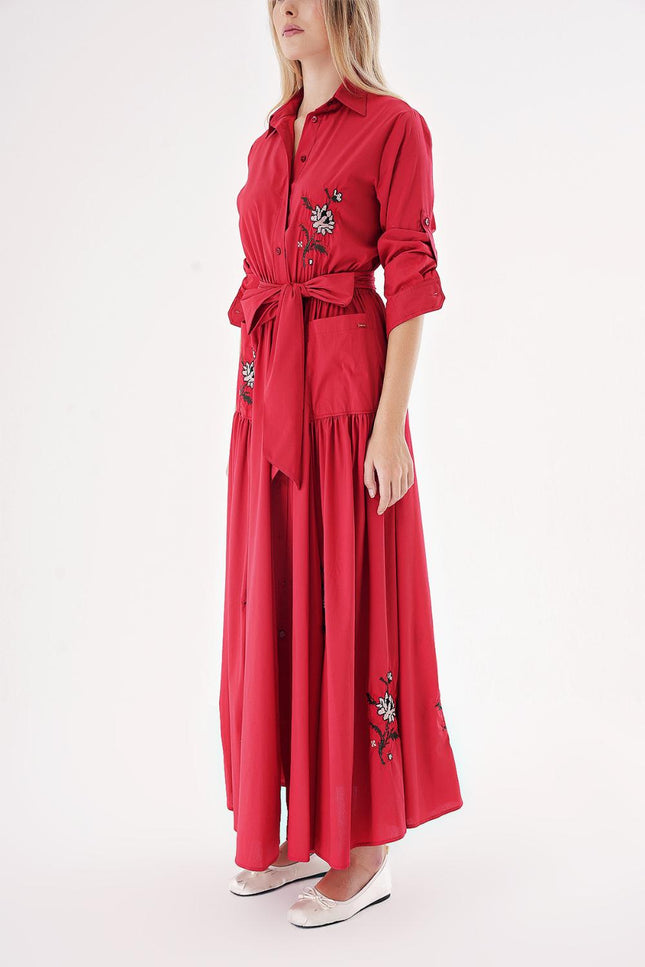 Red Taffeta embroidered maxi shirt dress 94497