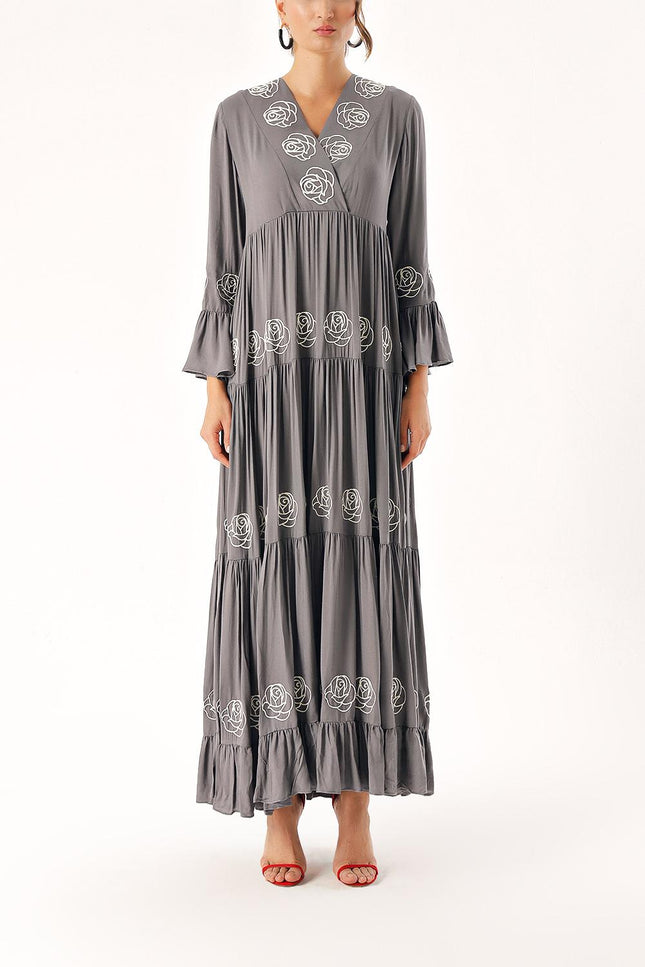 Gray Embroidered long shirred dress 94330